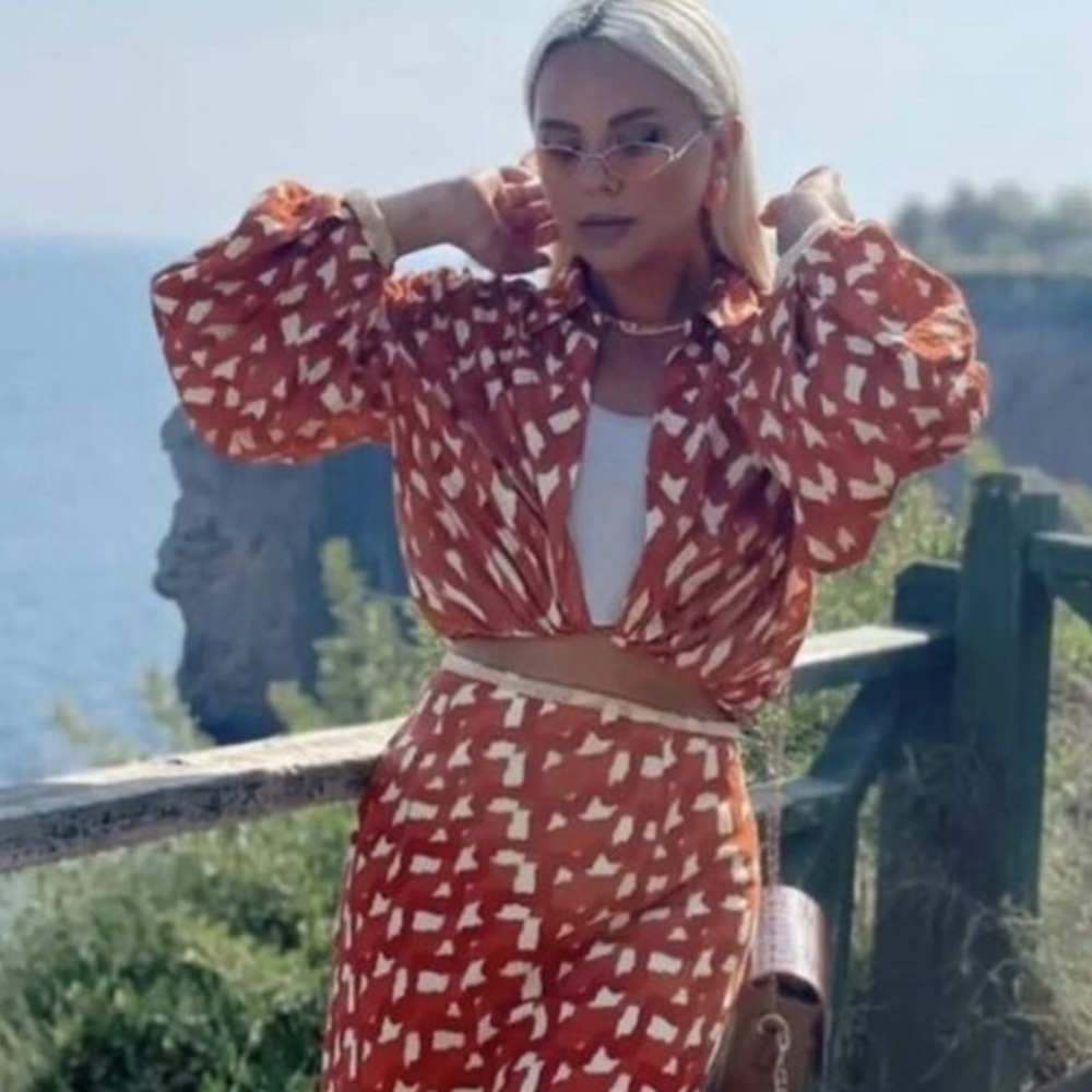 Zara Linen Blend Printed Wrap Crop Top Terracotta And Cream side zip closure NWT - Picture 10 of 10